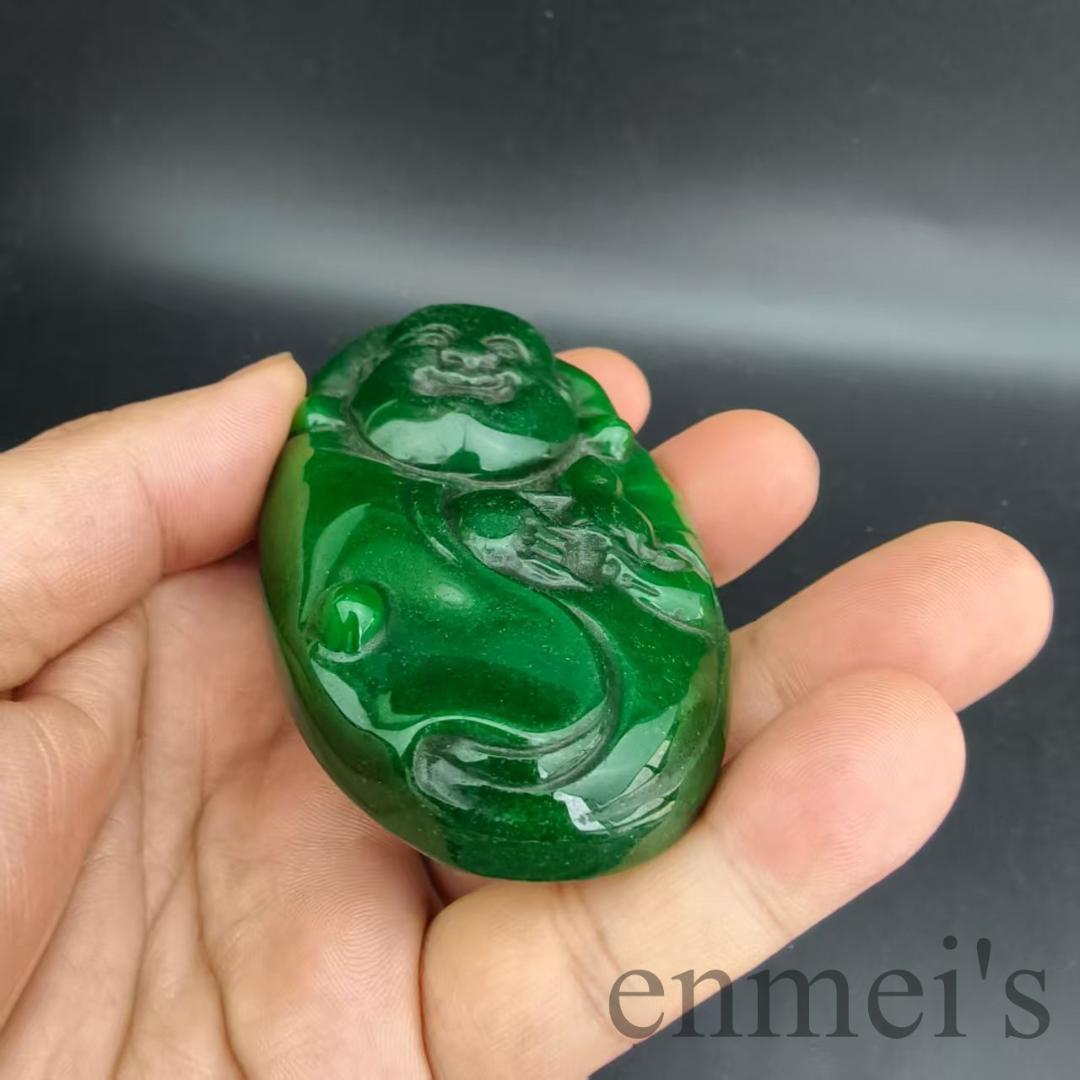 中国古美術 ミャンマー 満緑 翡翠 招財仏 把玩件 手工細彫 古玉 ペンダント