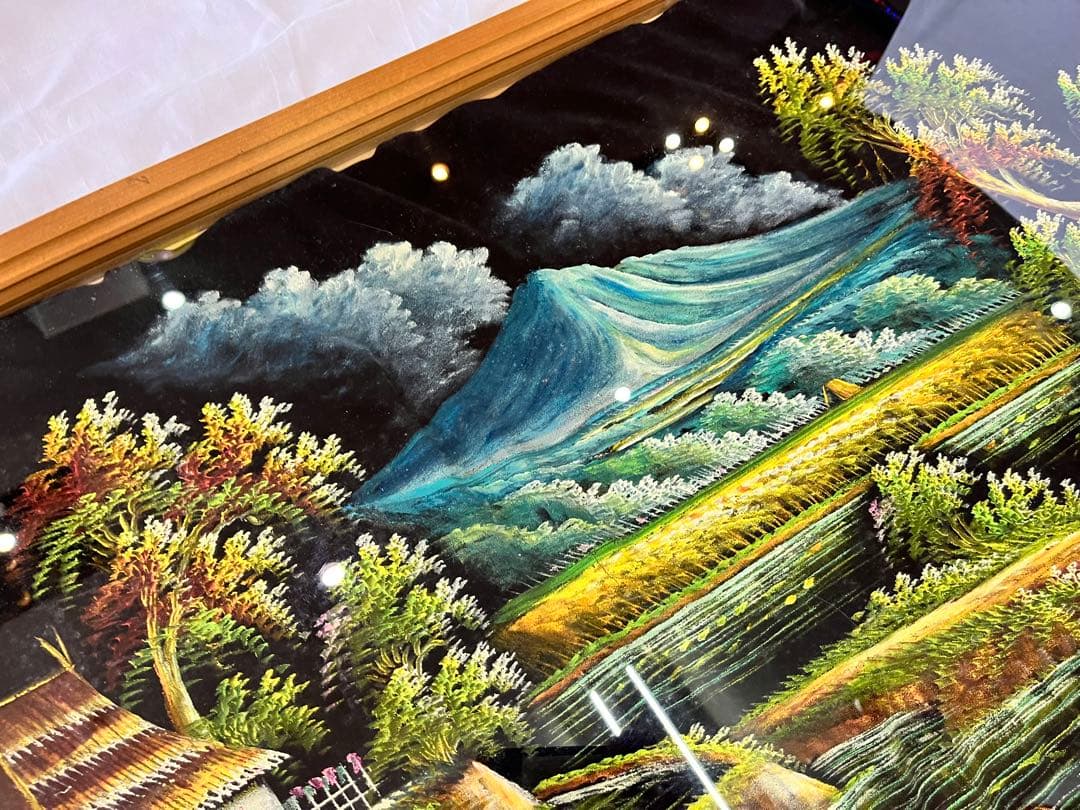 【アンティーク】額縁 額装 絵画 大きめ 木枠 風景画 草木 山 川 田舎 油絵