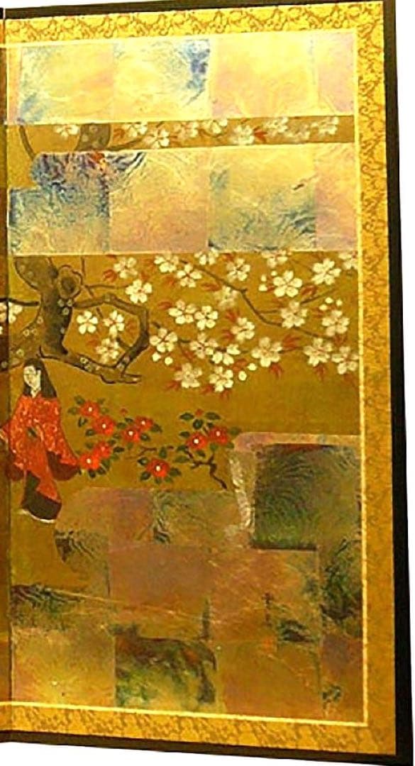 四つ折り屏風　日本画　金箔彩色　浮世花見