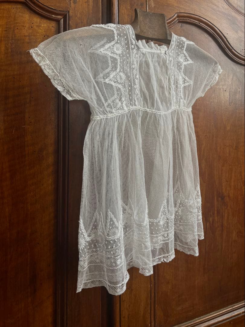 ◆フランスアンティーク｜セレモニーベビードレスB洗礼式白レース透け感テディベア