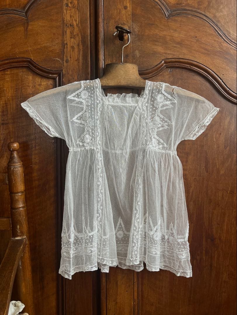 ◆フランスアンティーク｜セレモニーベビードレスB洗礼式白レース透け感テディベア