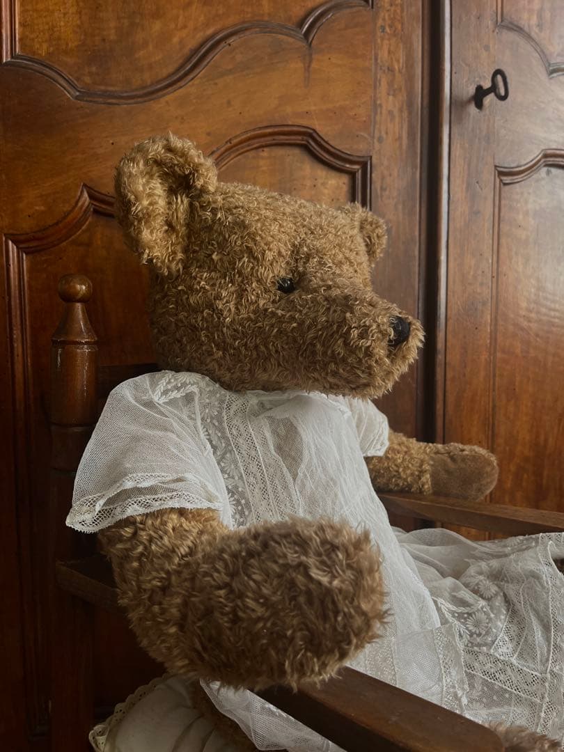 ◆フランスアンティーク｜セレモニーベビードレスB洗礼式白レース透け感テディベア