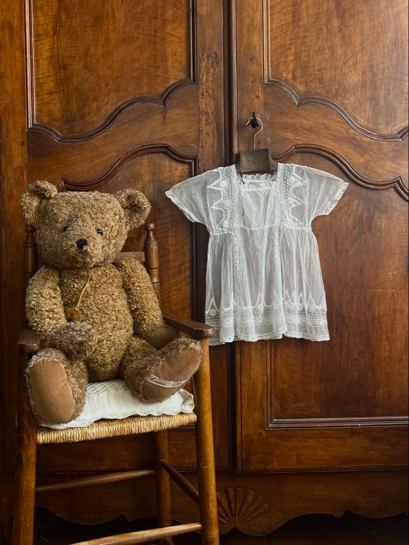 ◆フランスアンティーク｜セレモニーベビードレスB洗礼式白レース透け感テディベア