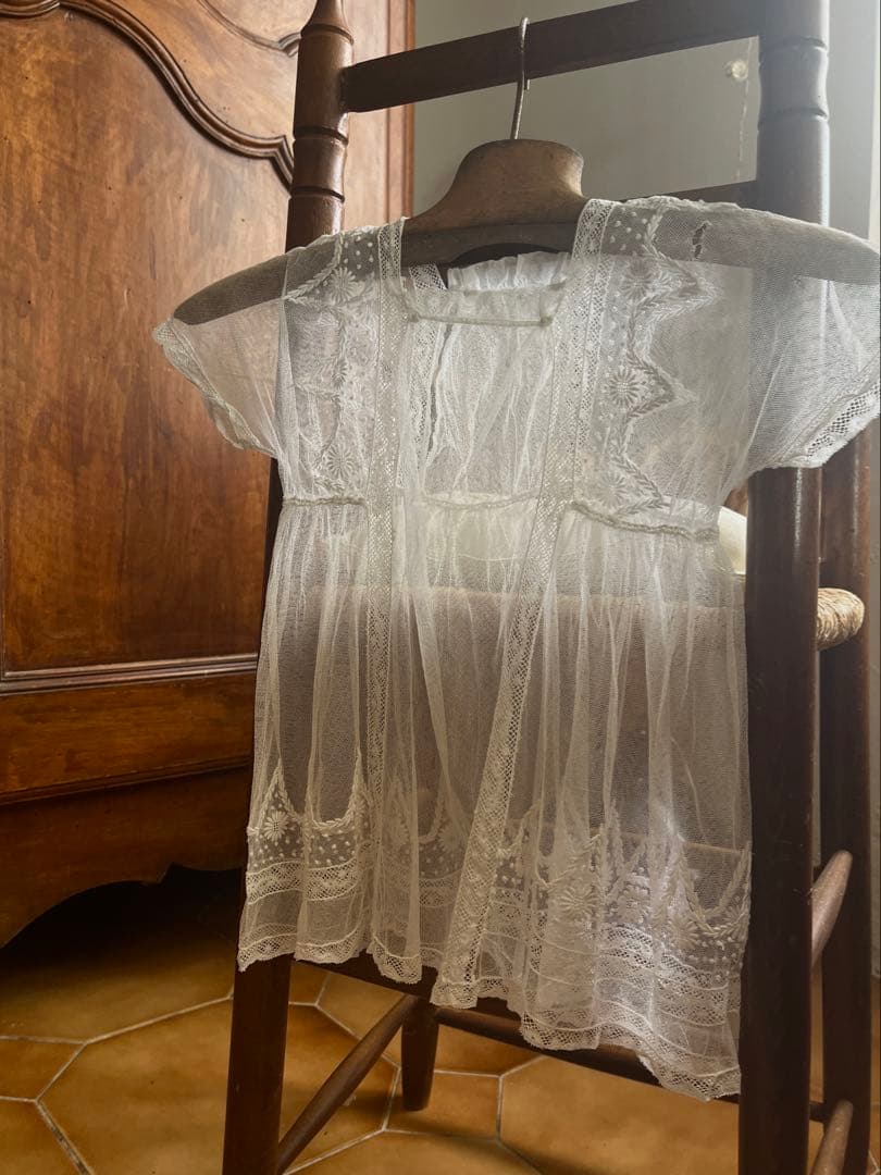 ◆フランスアンティーク｜セレモニーベビードレスB洗礼式白レース透け感テディベア