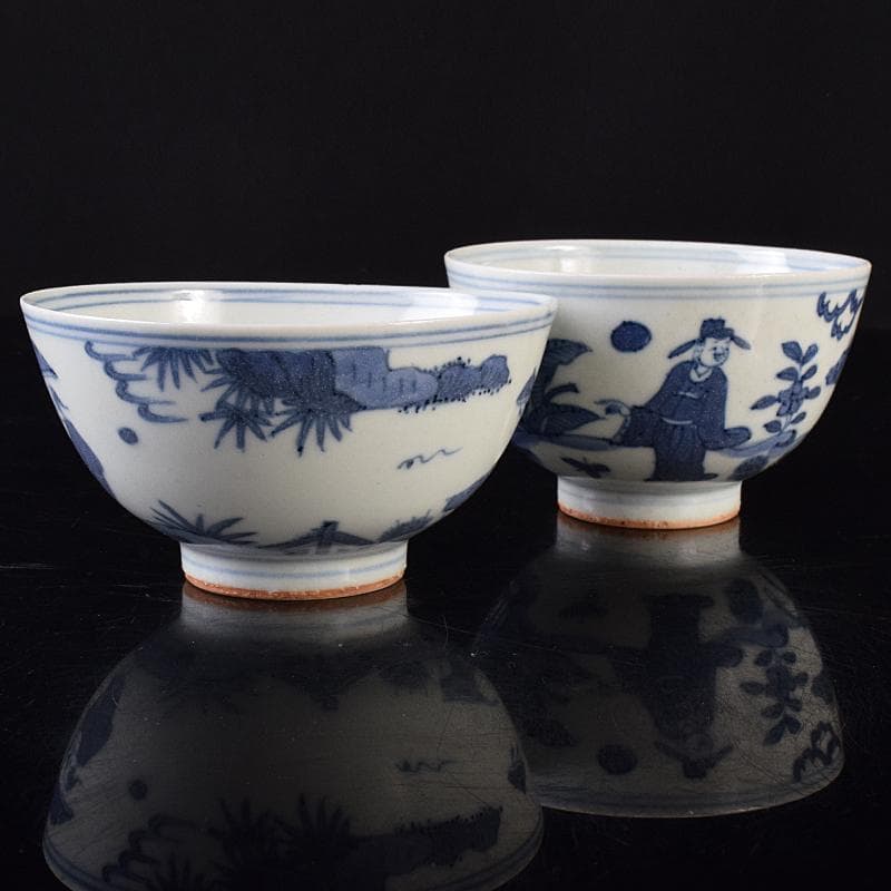 金山　中国　大明萬暦年製　青花山水人物文茶碗　2点　C　8164E