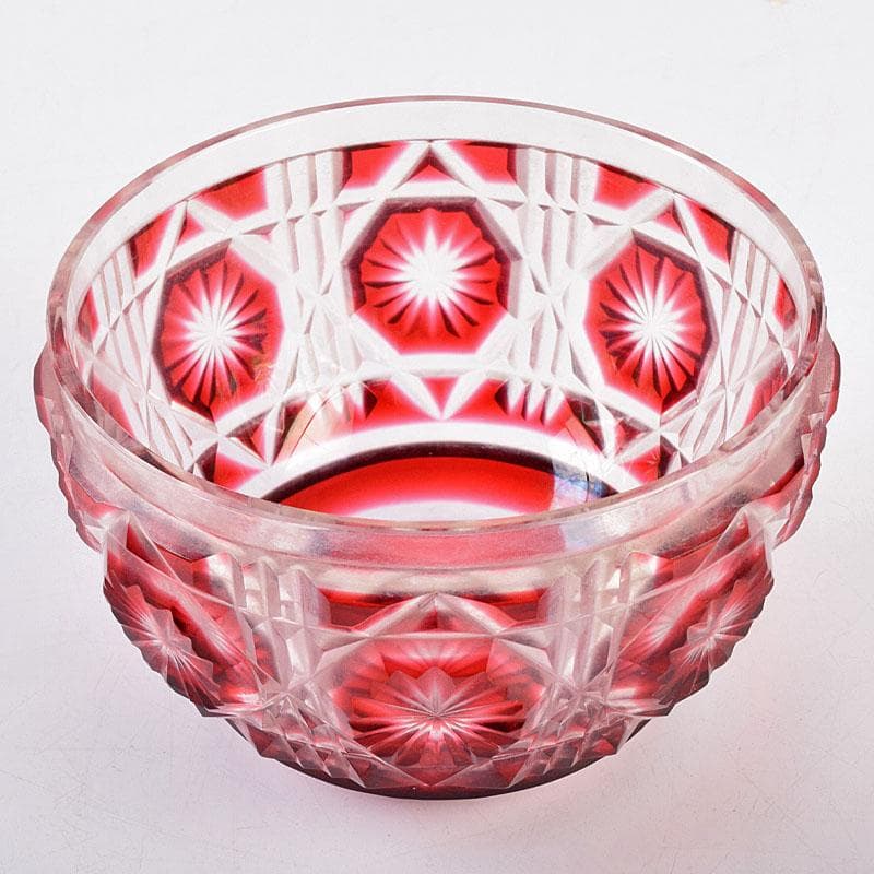 島津磯斉彬竈　薩摩ガラス工芸作　創作島津薩摩切子　向付鉢　共布共箱　GR8951