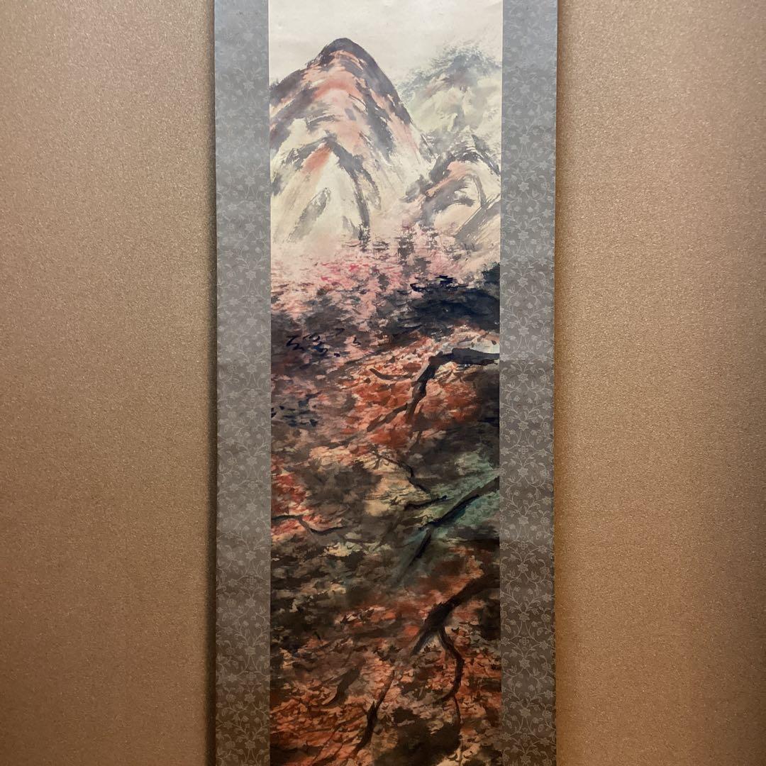 富田渓仙　絹本着色【秋景紅葉乃瀧】　渓仙自題箱　二重箱肉筆画　真作保証　NO21