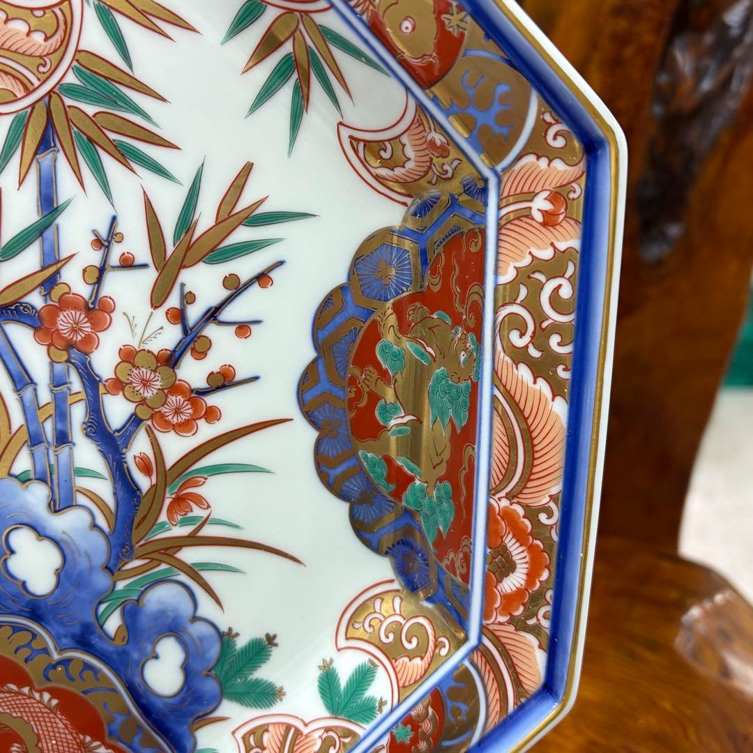 有田焼　波佐見焼　林九郎作　金彩松竹梅 鯉 狛犬絵　八角盛皿　飾り皿　美術品