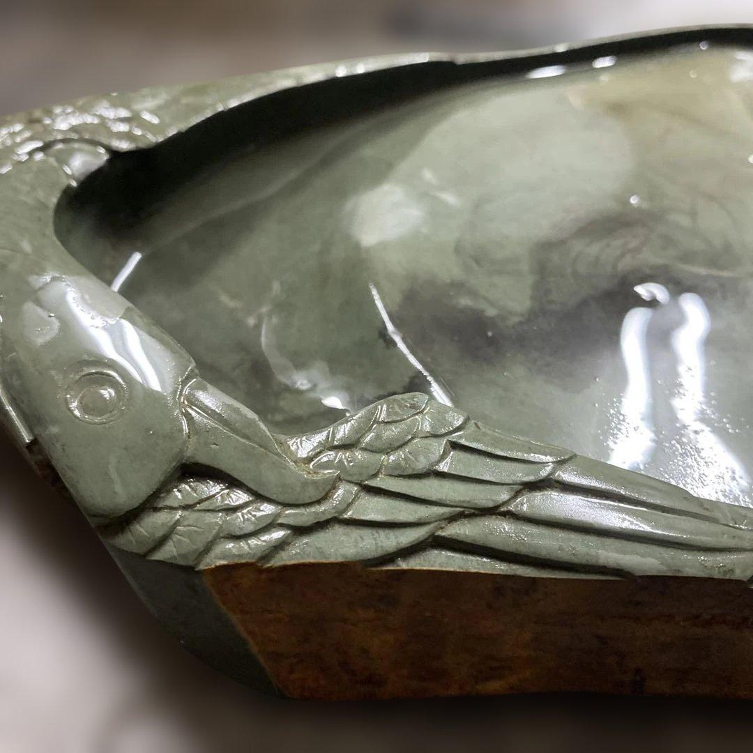 アヒル彫刻　緑硯　中国硯 中国石製 大型硯 書道具 文房四宝 1537g