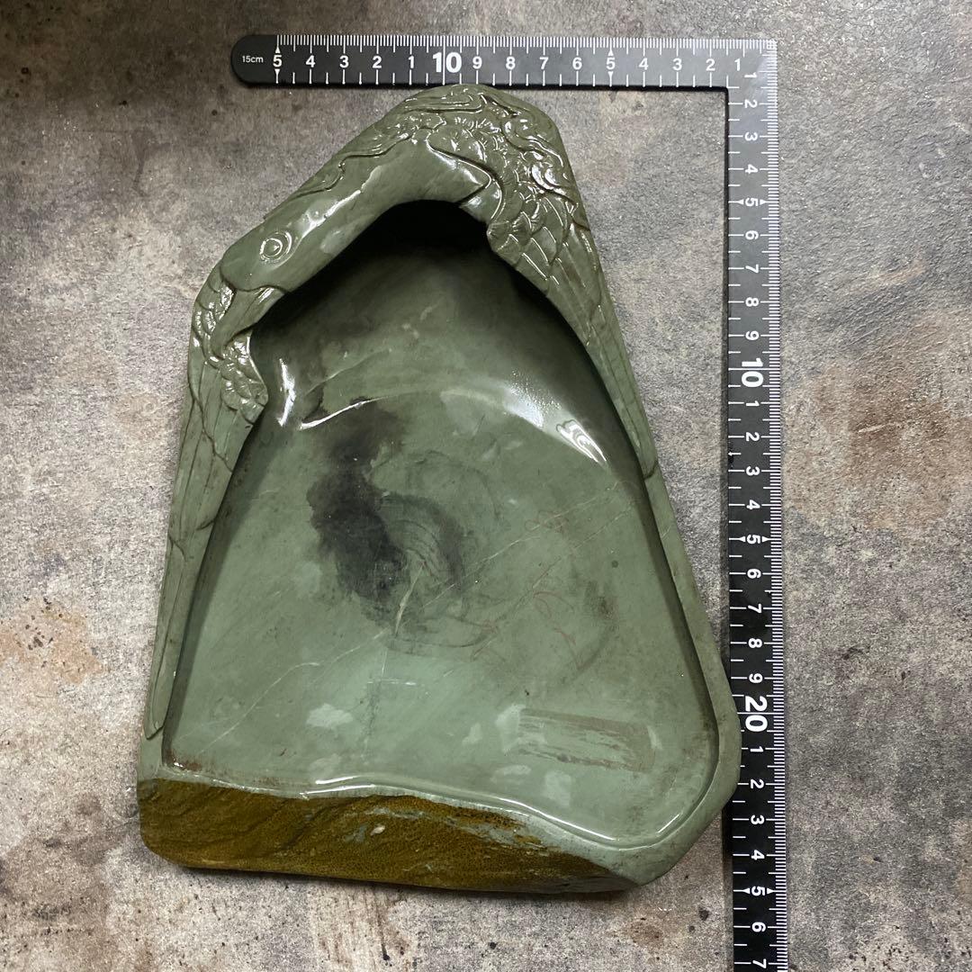 アヒル彫刻　緑硯　中国硯 中国石製 大型硯 書道具 文房四宝 1537g