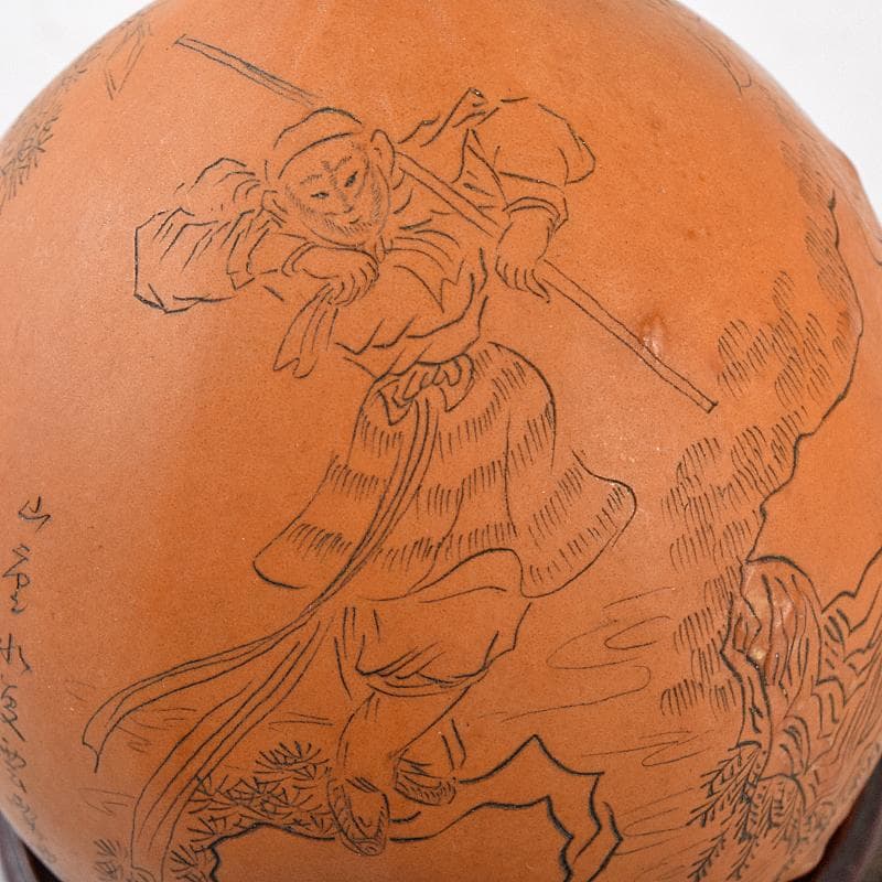 中国　漢詩西遊記刻　漢詩天女刻　丸瓢箪　唐木台付　2点　V　R7974