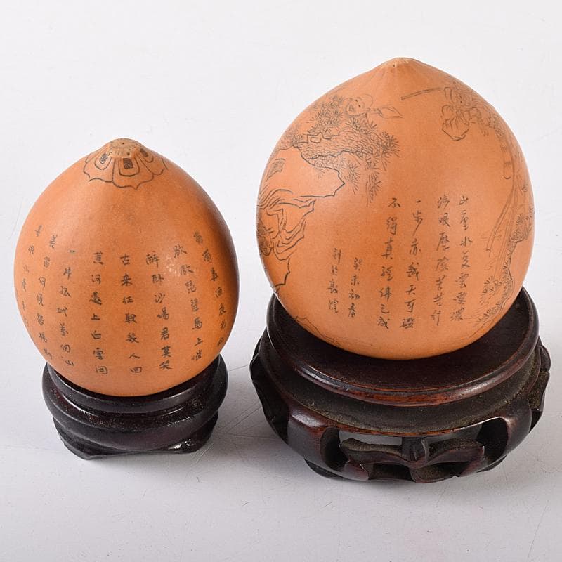 中国　漢詩西遊記刻　漢詩天女刻　丸瓢箪　唐木台付　2点　V　R7974