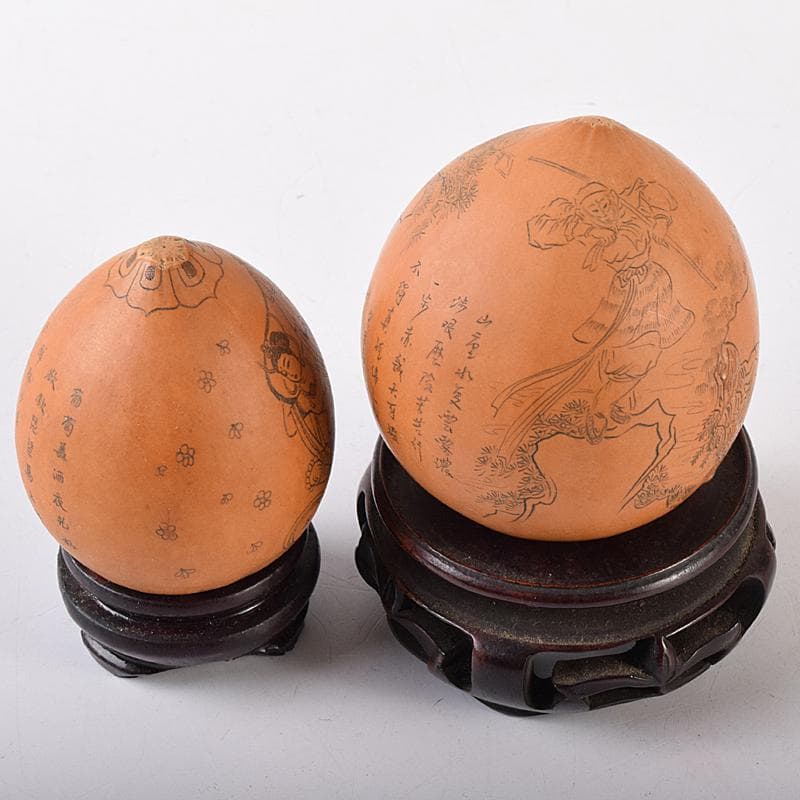 中国　漢詩西遊記刻　漢詩天女刻　丸瓢箪　唐木台付　2点　V　R7974