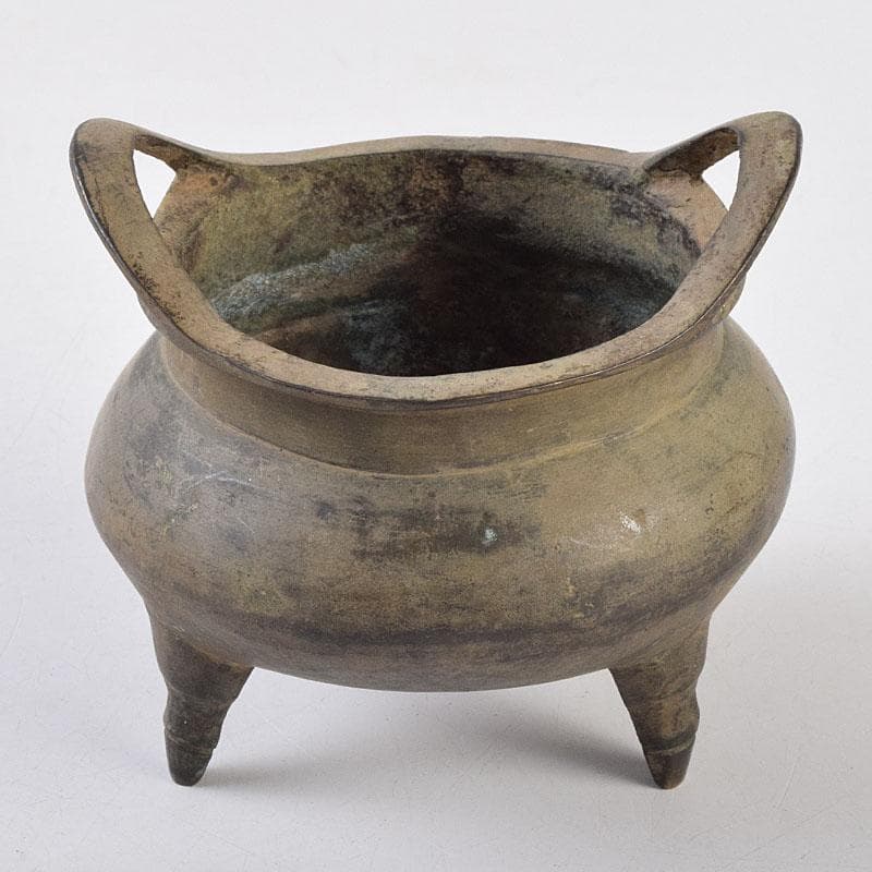中国　大明宣徳年製　古銅　三足沖耳爐　香炉　時代箱付　M　R9196