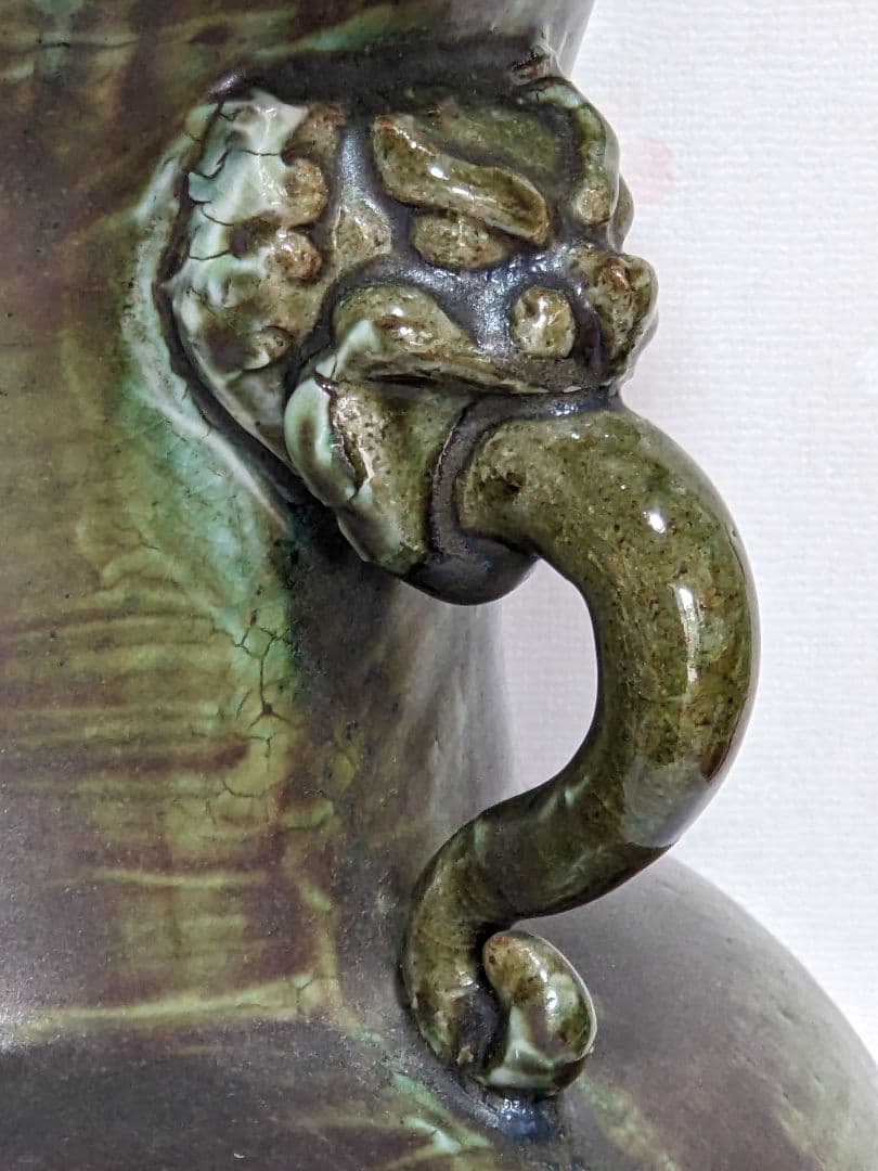 ♦中国陶磁 海鼠釉？辰砂 神獣飾り双耳 尊形花瓶 壺 瓶 古玩 古美術 骨董品