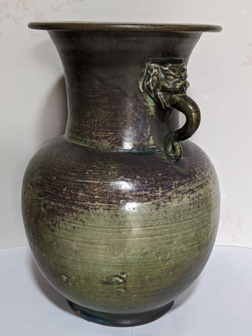 ♦中国陶磁 海鼠釉？辰砂 神獣飾り双耳 尊形花瓶 壺 瓶 古玩 古美術 骨董品