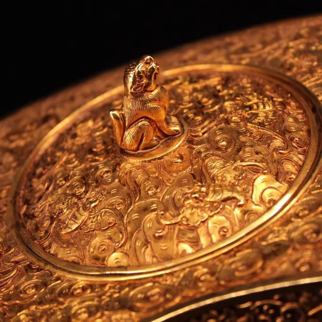 中国古美術・珍蔵硯台・古い純銅鎏金细密彫・純手作り・彫刻・置物・文房具・案頭