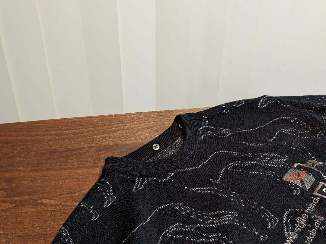 アダバット　クルーネック　毛　ウール　ニット　セーター　ゴルフ　総柄　ウェア　黒