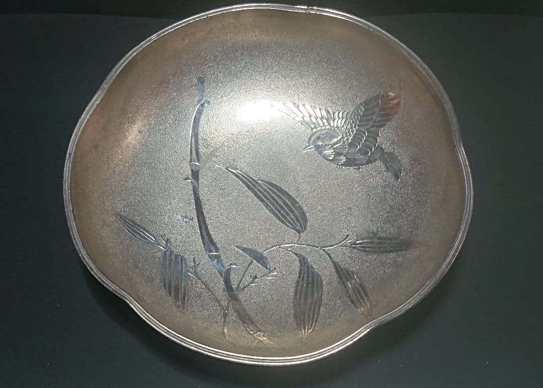 ヴィンテージ 靗光堂 梅型 菓子器 竹雀柄 約17.5㎝ 約330g