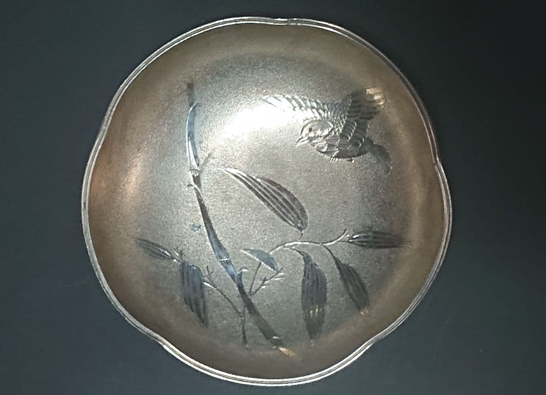 ヴィンテージ 靗光堂 梅型 菓子器 竹雀柄 約17.5㎝ 約330g