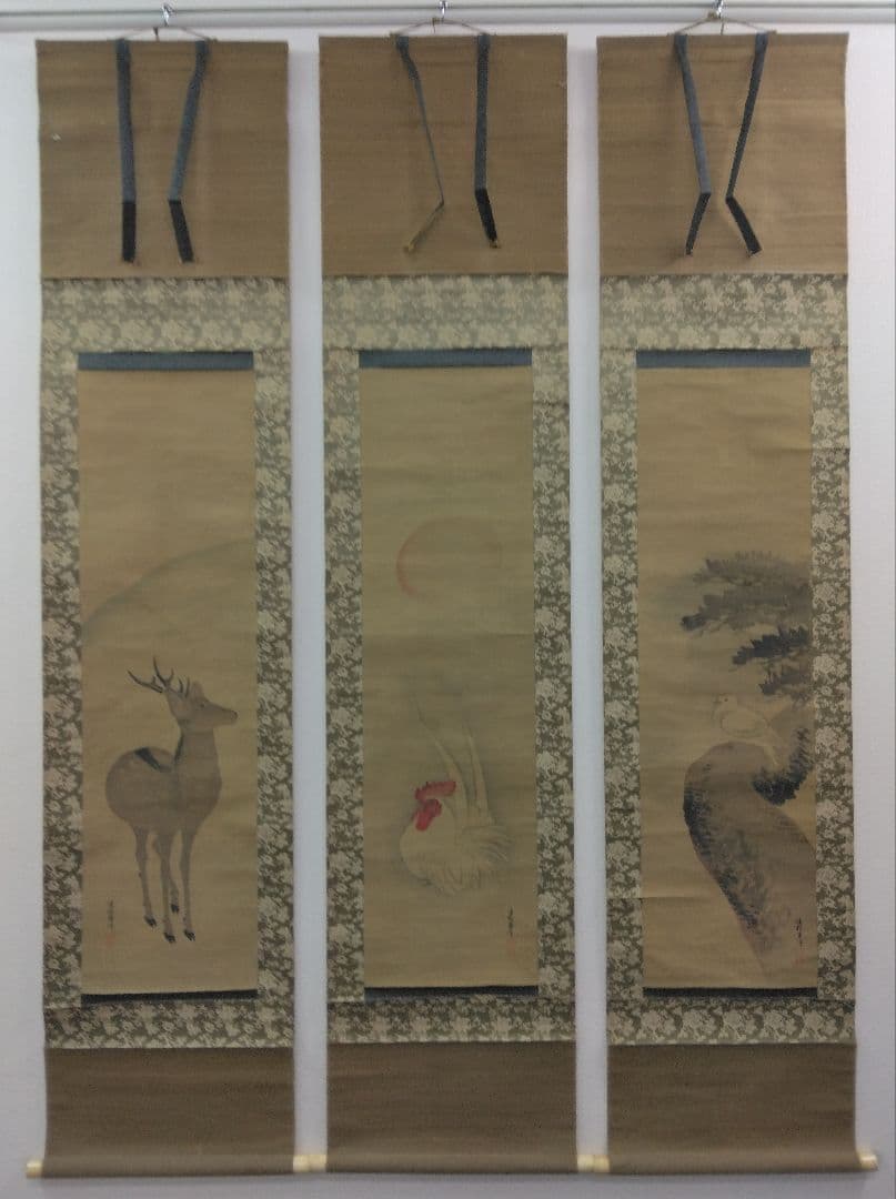 東 東洋【仙台四大画家】花鳥図　三幅　絹本　掛軸（小池曲江・菅井梅関・菊田伊洲）