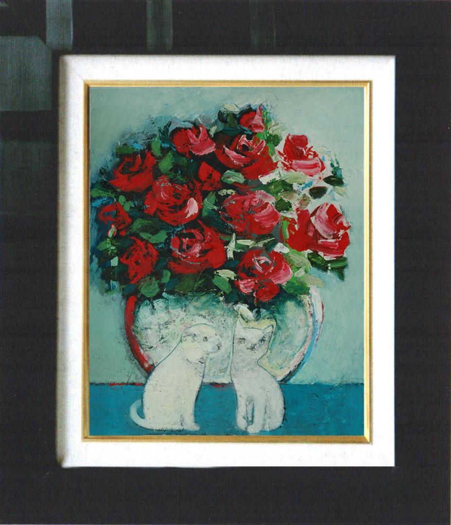 油絵 菅家令子 絵 絵画インテリア額付(白) uF6-070619 子猫と子犬