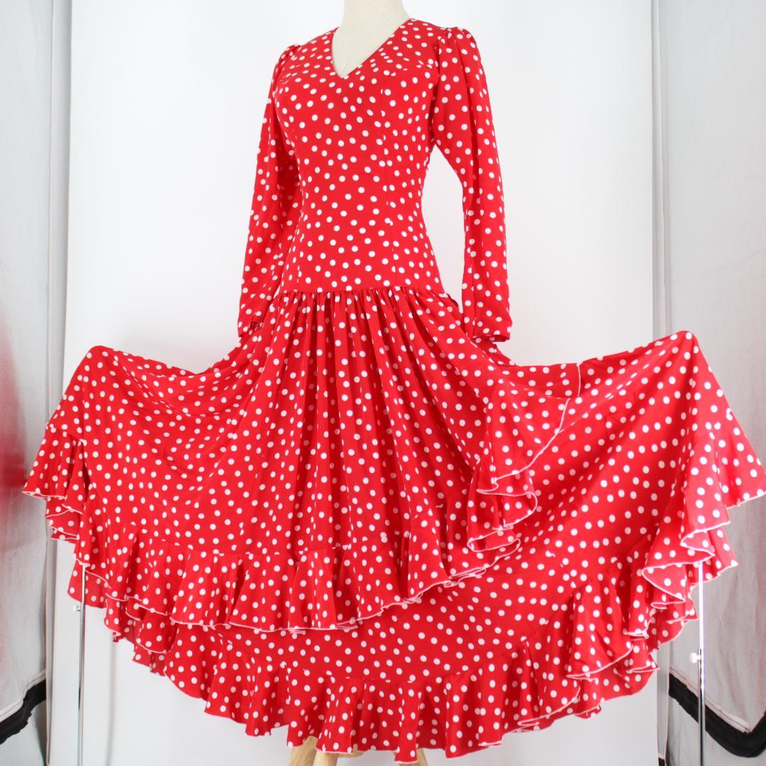 【美品 フラメンコ衣装】レッド×ドット柄 ワンピース ドレス ボランテ フリル
