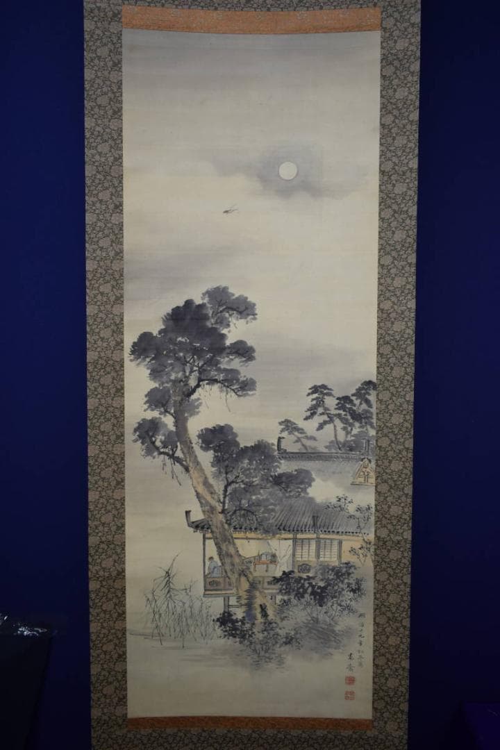 真作/森寛斎/明月杜鵑図/楼閣図/桐題箱付/布袋屋掛軸HH-108