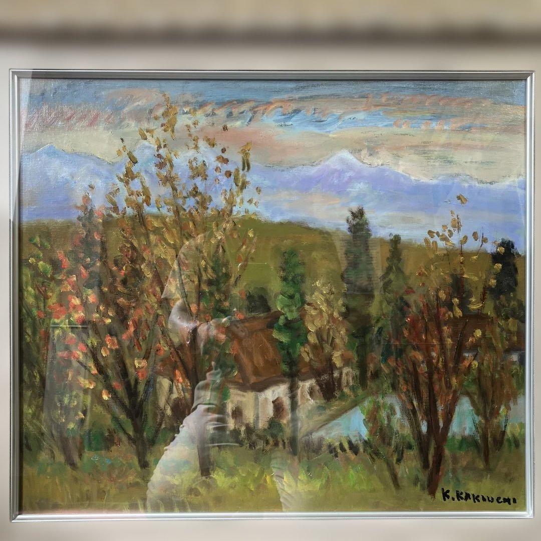 油彩　垣内カツアキ　「アルプスを望む秋の山村　F10」
