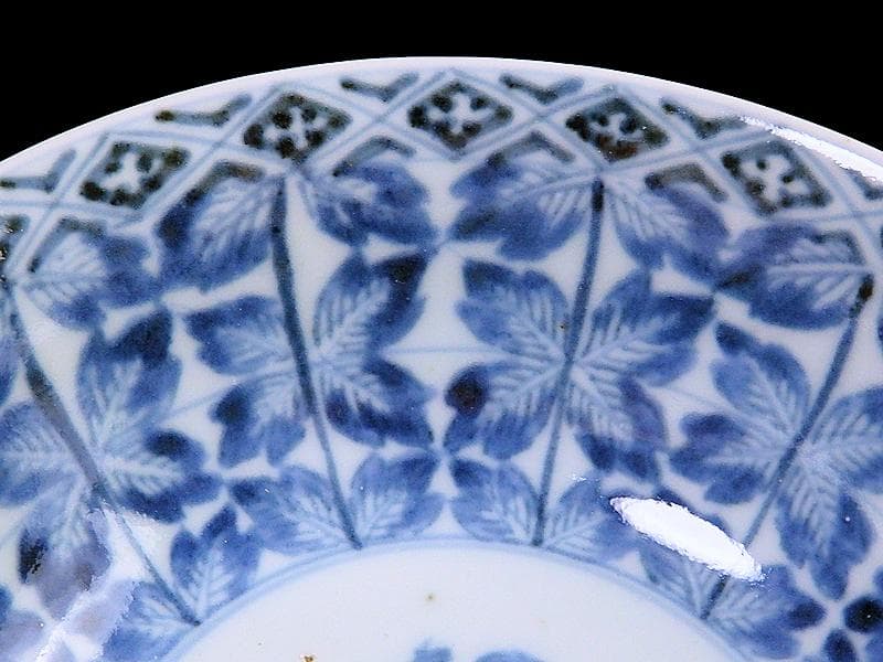 古伊万里　染付　牡丹葉繋ぎ紋　膾皿　春寒鉢　江戸期　C617AS-CVp