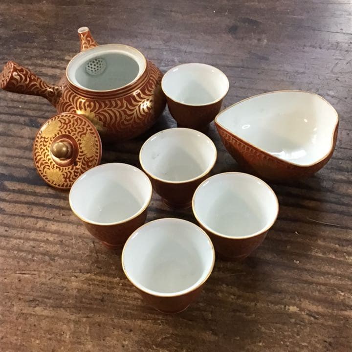 相上芳景　本金金蘭手唐草文煎茶器　茶具　玉露用　九谷焼　茶碗
