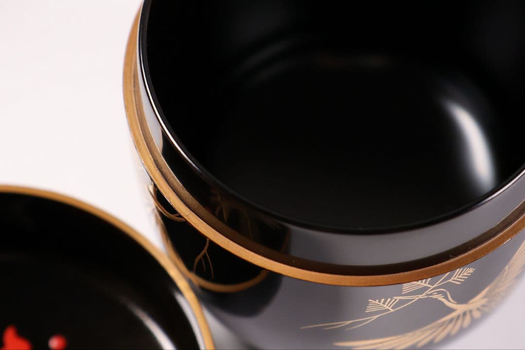 茶道具 新井司平「松喰鶴蒔絵」大棗 尋牛斎・書付 金蒔絵 木製【MA869】