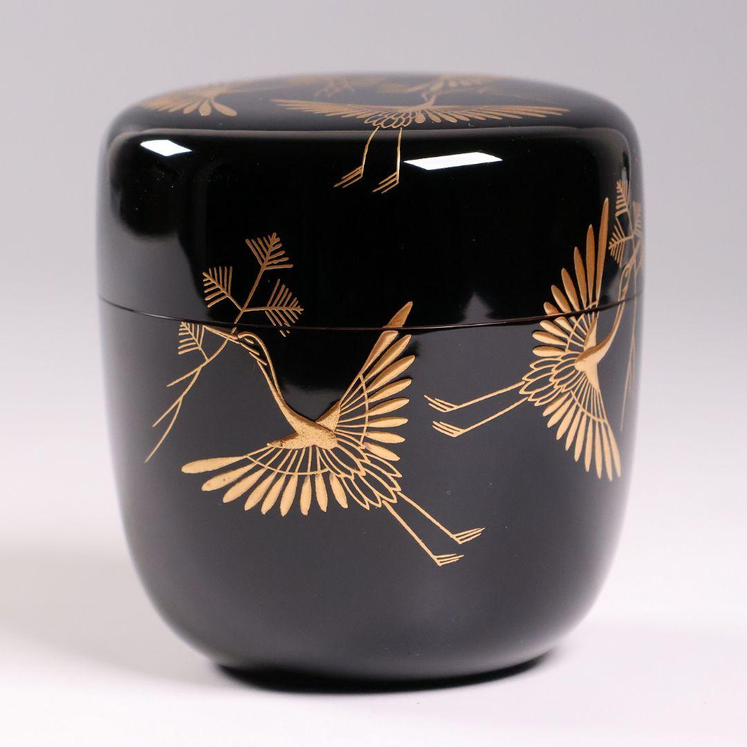茶道具 新井司平「松喰鶴蒔絵」大棗 尋牛斎・書付 金蒔絵 木製【MA869】