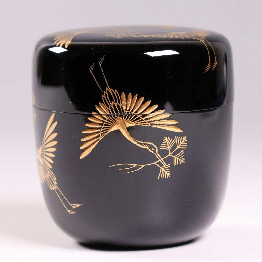 茶道具 新井司平「松喰鶴蒔絵」大棗 尋牛斎・書付 金蒔絵 木製【MA869】