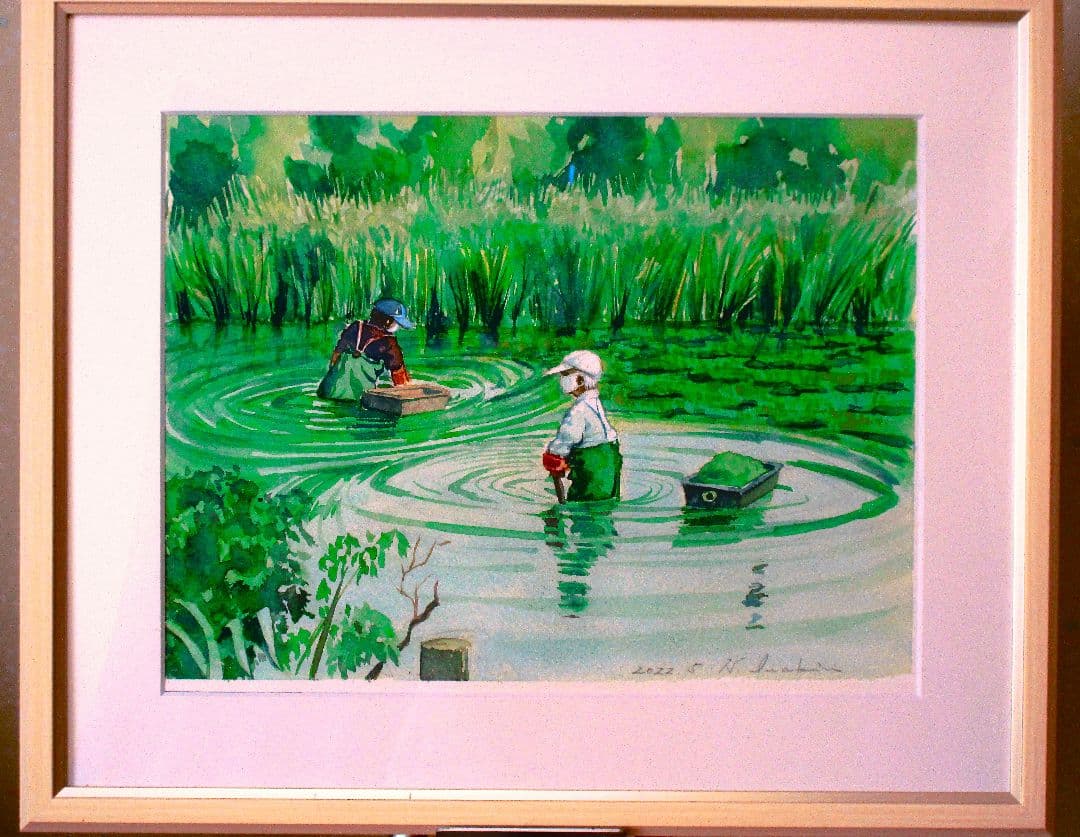 池の清掃 水彩画 F6サイズ 額装済み