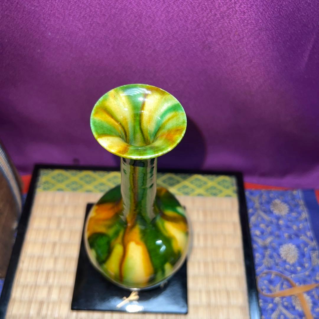 六代清水六兵衛　三彩流氵幼鶴首花瓶