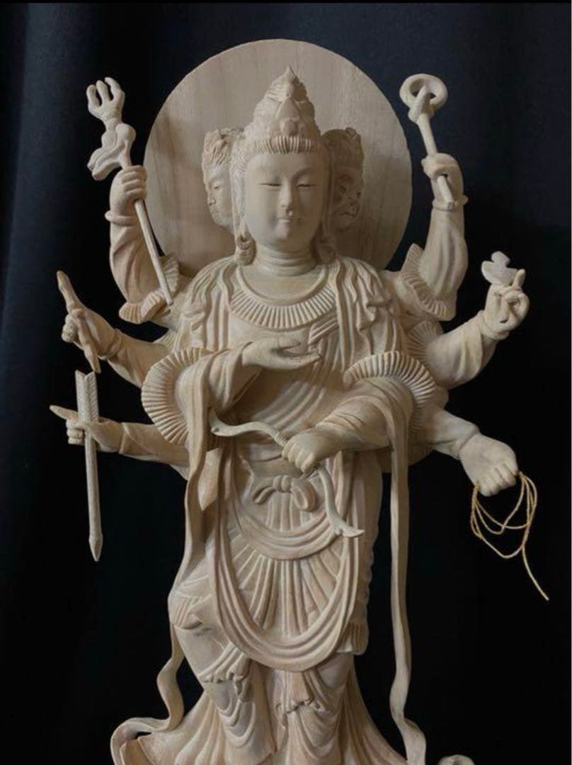 高57cm　井波彫刻　仏教工芸品　楠材　仏師で仕上げ品　護法善神 摩利支天立像