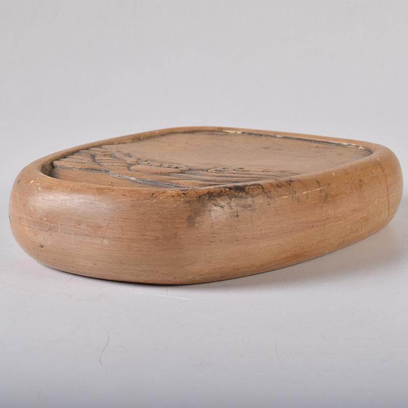 中国　書道具　日の出波刻　黄澄泥硯　C　R8324