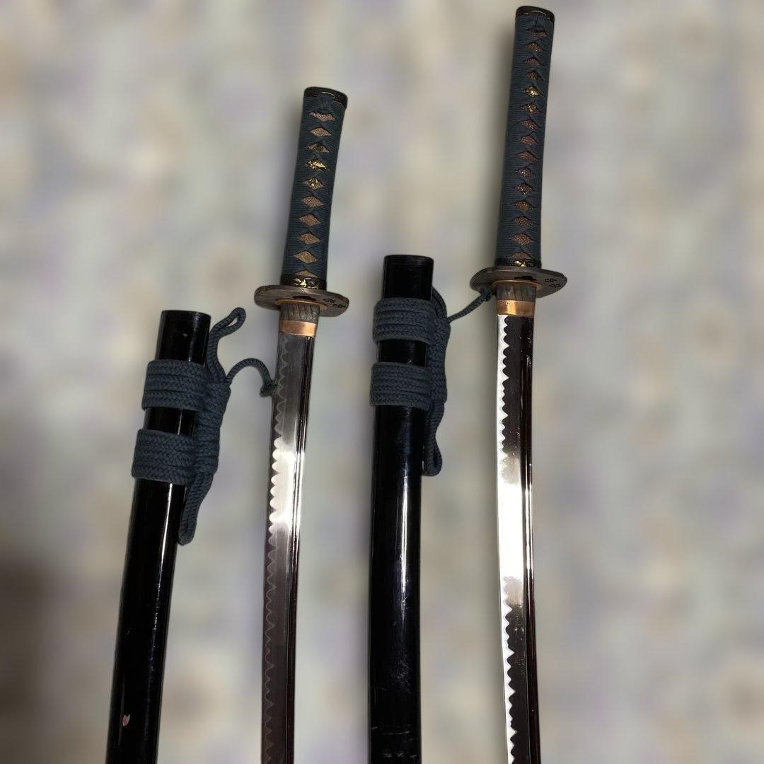 高級豪華版居合刀大小２本 青柄 桜透し木瓜鍔