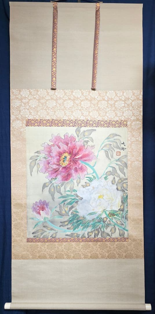 【富貴花(牡丹)図】柳生大歓 2712 共箱 掛け軸 肉筆 ボタン