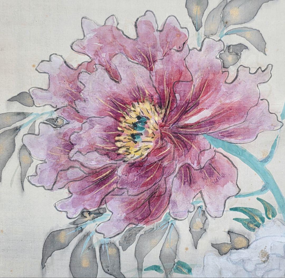 【富貴花(牡丹)図】柳生大歓 2712 共箱 掛け軸 肉筆 ボタン