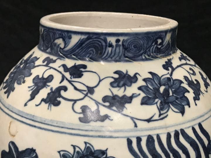 シノワズリ　ビンテージ　染付　鱼藻紋飾り大壷　花瓶　甕