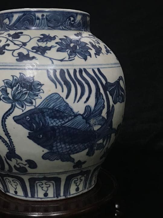 シノワズリ　ビンテージ　染付　鱼藻紋飾り大壷　花瓶　甕