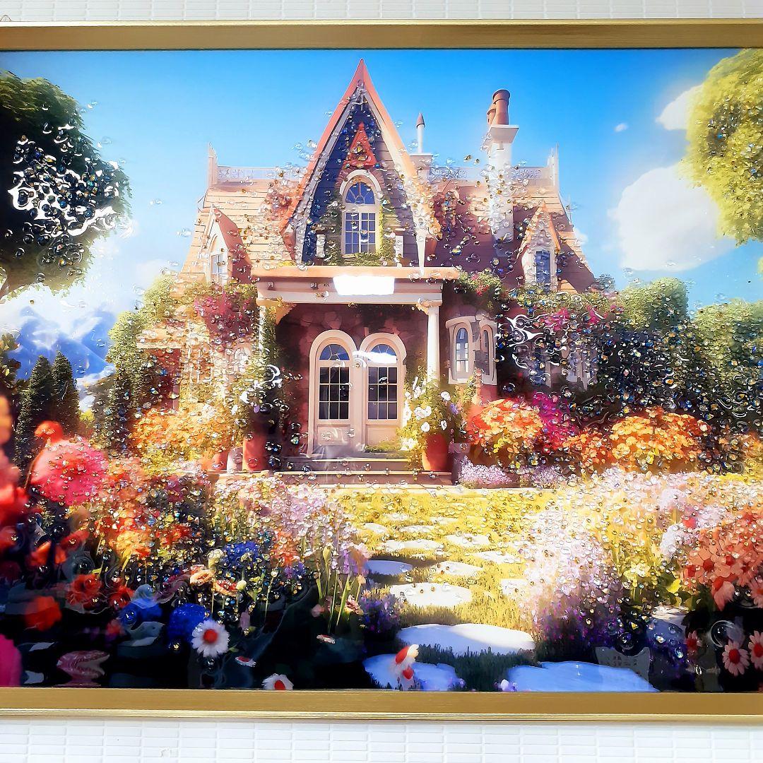 輸入雑貨　天然水晶石　『ヨーロッパ郊外・山奥の家』　クリスタルアート　ゴールド縁