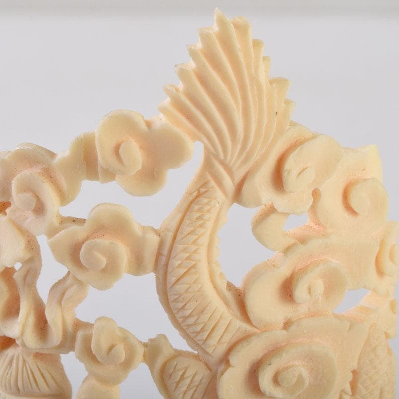 中国　獣骨製　雲龍透かし彫　硯屏　置物　唐木台付　N　9110