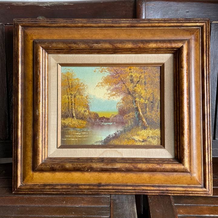 豪華！アンティーク絵画　油彩　アメリカ　森林と川風景画Antiqueヴィンテージ