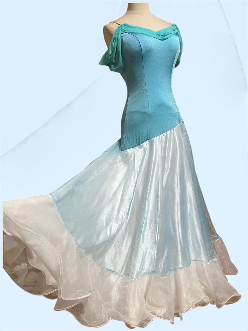 ❤️社交ダンス❤️ハートアリエル風ブルー&ホワイトスタンダードドレスM