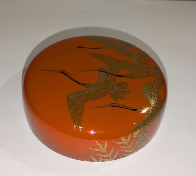 『和歌浦蒔絵』平棗　清水庄三 鶴模様 茶道具 永田宗伴書付的々斉　朱塗り内銀溜塗