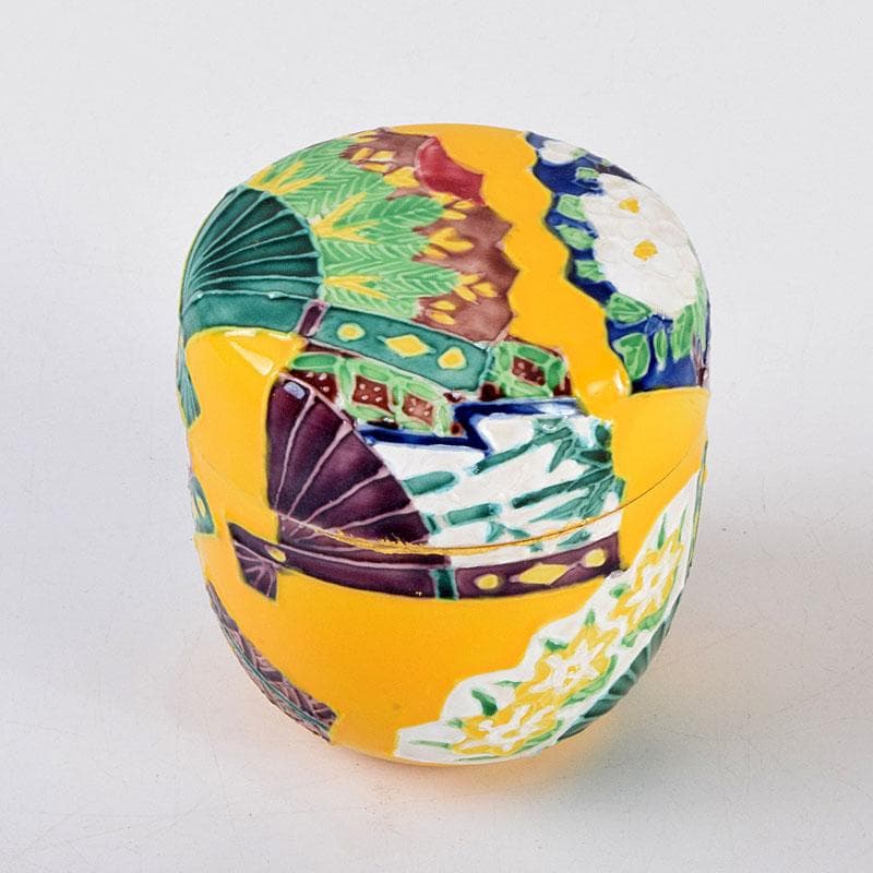 茶道具　平安　高野昭阿弥作　黄交趾　扇面の図　陶棗　共布共箱　V　8645