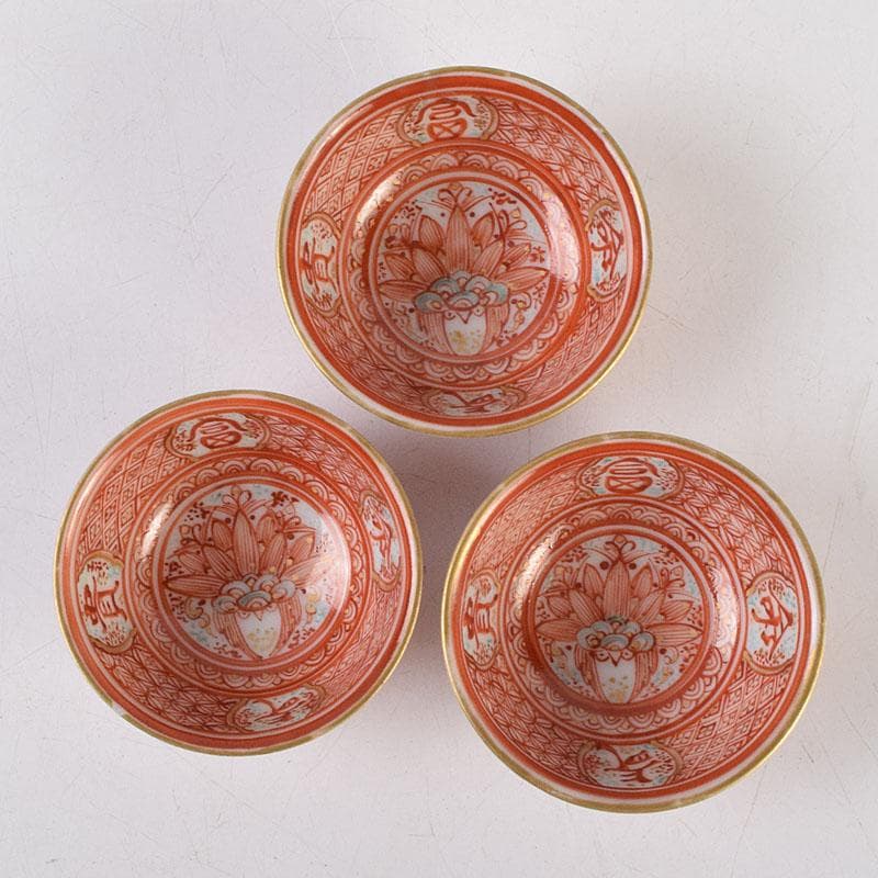 りんぞう　九谷焼　古九谷　赤絵　盃　ぐい呑　三客　時代箱　M　R9325